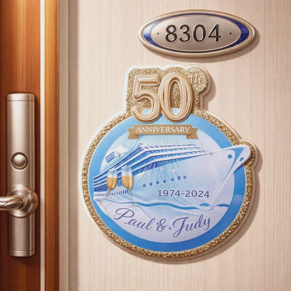 Personalized Anniversary Cruise Door Magnet: Custom Cabin Decor, any year. Approximately 8" circle. Free magnets also included to match.