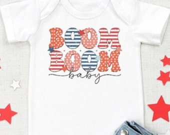 Retro July 4th baby bodysuit, size 9 months short sleeve bodysuit for 4th of July, Bodysuits for baby girls for 4th of July.