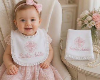 Personalized Baby Baptism Bib & Burp Cloth Set – Embroidered Christening Gift – Custom Baby Girl Baptism Keepsake – Pink Cross Bib Set