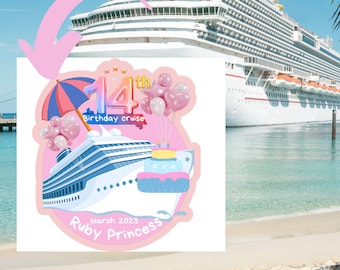 Cruise birthday, door magnets, girls design full magnet back, 7"  round personalized magnet. Can come with 10 extras.