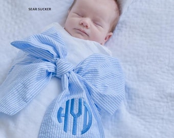 Bow to tie on swaddle, Sear sucker and Gingham bows, first photos, custom embroidery, newborn pictures, baby shower wreath, Easter Basket.