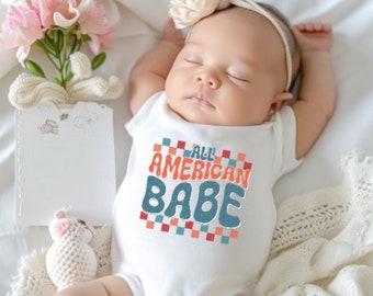 Retro July 4th baby bodysuit, size preemie, up to 5 pounds, short sleeve bodysuit for 4th of July, Bodysuits for baby girls for 4th of July.