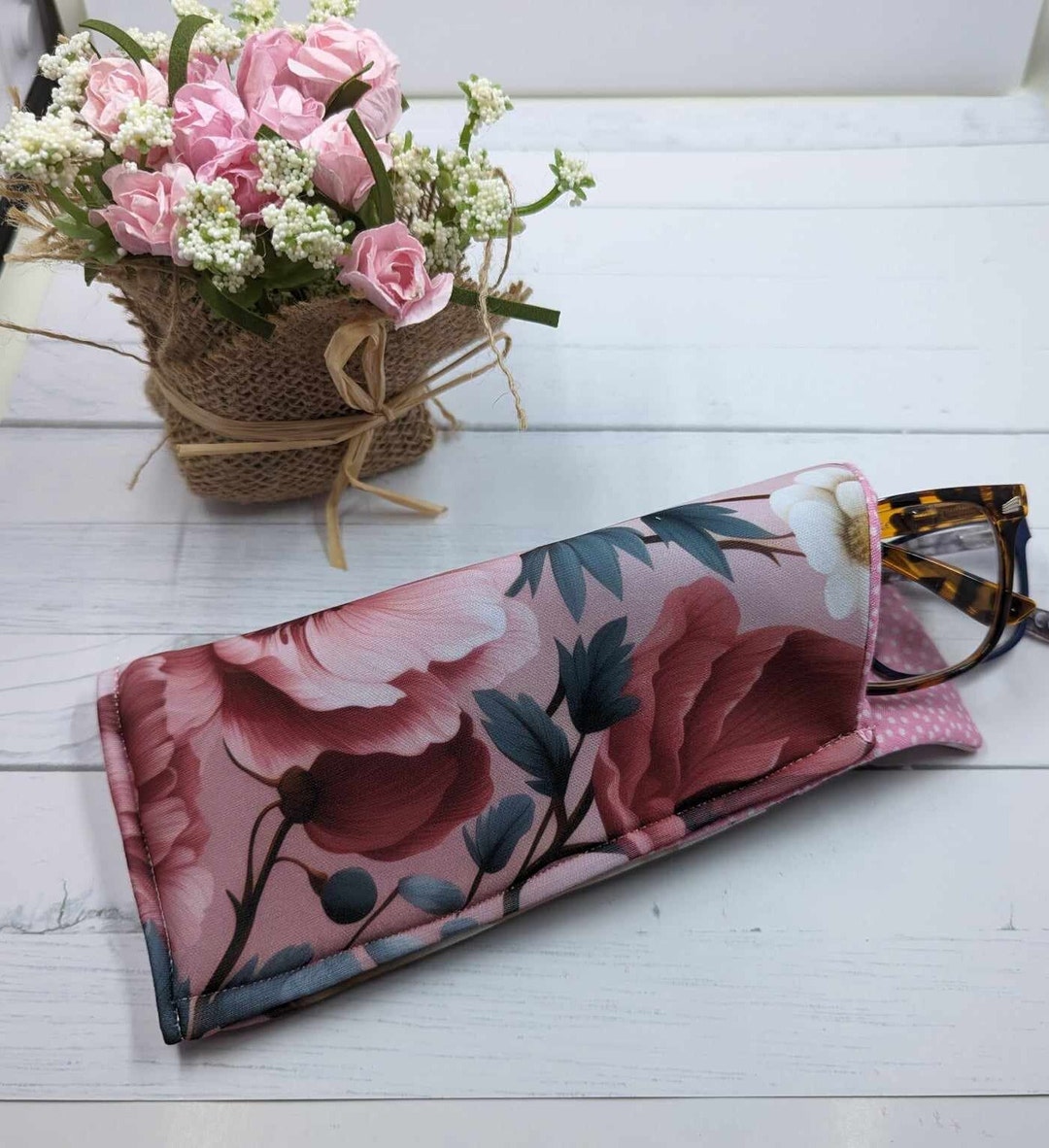 Eyeglass Holder, Rose Print, Double Pocket, Padded 2 Pocket Case for