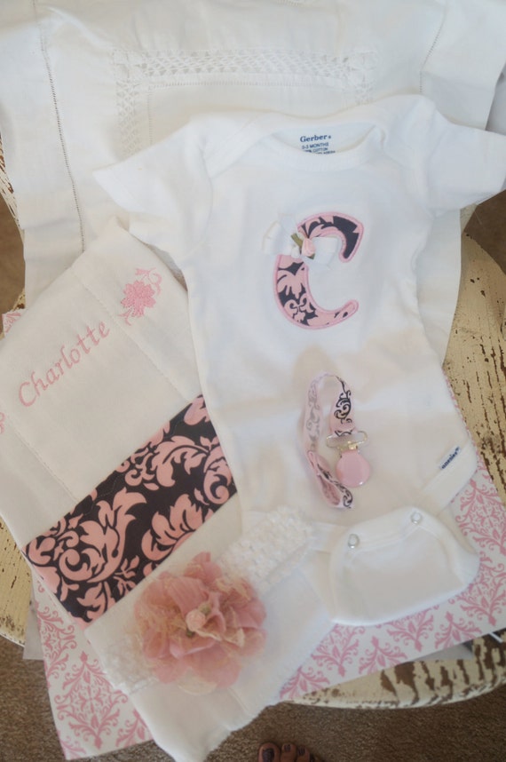 Items similar to Baby Girl Onesie Set, Personalized with childs name, and initial, headband