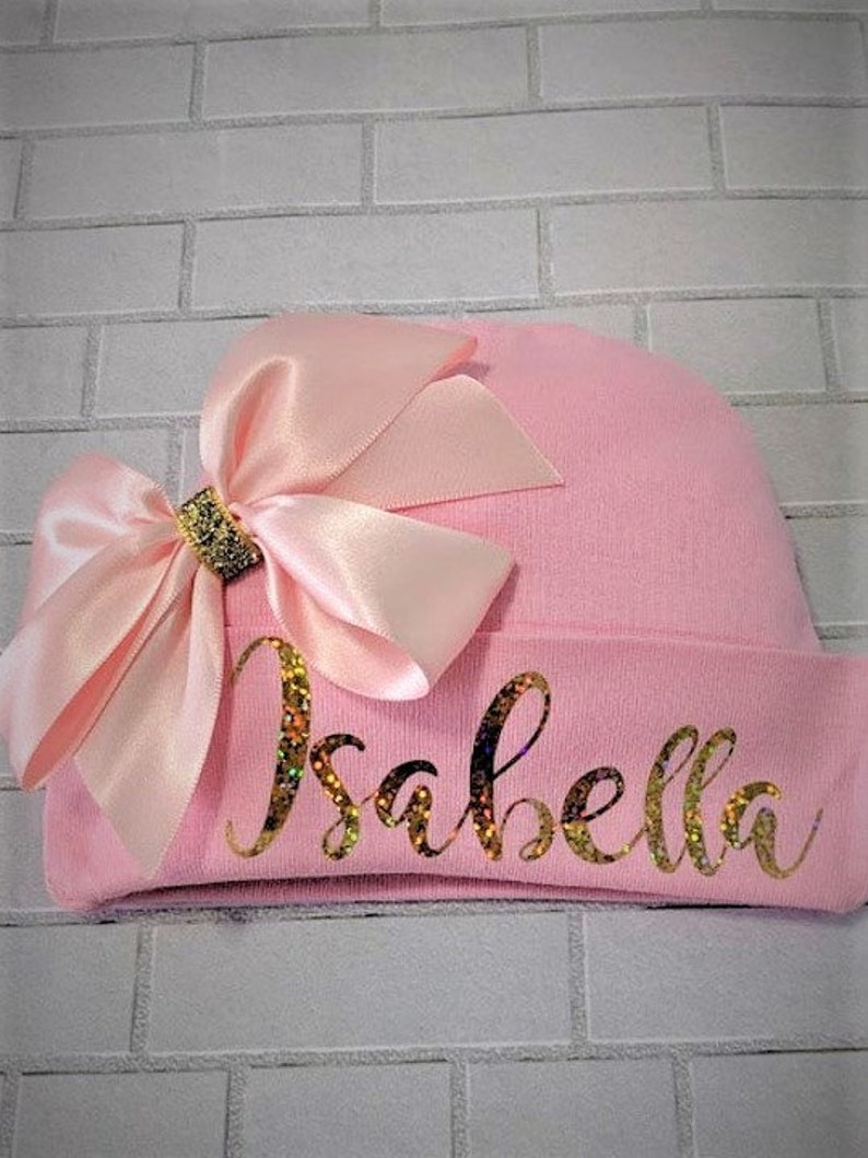 vinyl name hat New born hospital hat coming home pink baby hat. baby girl personalized beanie satin bow hat for baby