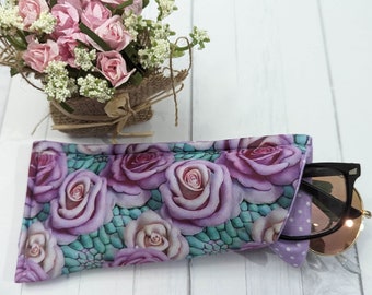 Double Pocket Eyeglass Holder: Padded Case for Sunglasses and Eyeglasses - Holds 2 Pairs of Glasses, custom 3D look fabric. Roses print.