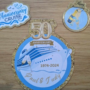 Anniversary cruise door magnet, personalized with any year, cruise door decor, about  7 3/4 ",  2 smaller magnets included as shown.