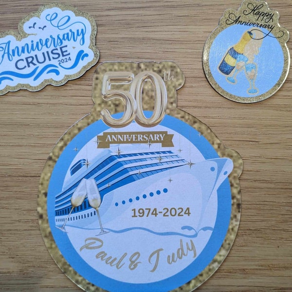 Anniversary cruise door magnet, personalized with any year, cruise door decor, about  7 3/4 ",  2 smaller magnets included as shown.
