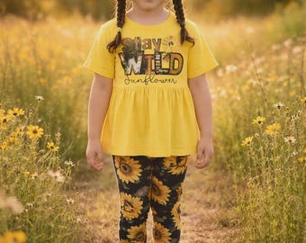 Girls Sunflower Outfit, Ruffle Sleeve Top, Cotton Stretch Pants, Size 4T