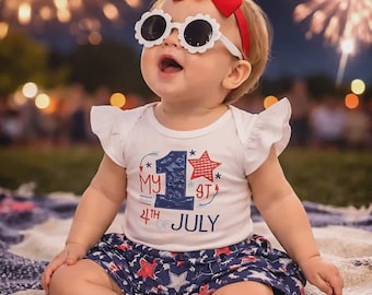 Baby Girl 4th of July Outfit, Embroidered Bodysuit, Ruffled Bloomers, Headband, Sunglasses