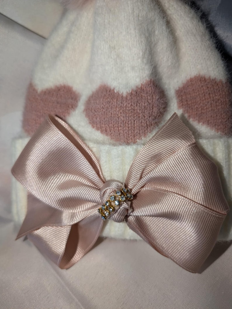 Knit Winter Hat for Baby Girl. Pom Pom Hat Cute Heart Soft Acrylic, 6