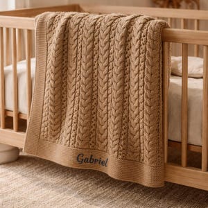 Personalized Baby Knit Throw Blanket - Soft Acrylic, Geometric Pattern.  27x 35 inches  Color - Camel