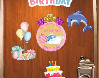 Girls' birthday cruise cabin door magnets, largest about 8" on the main one, personalized. Girls Birthday cruise door magnet bundle.