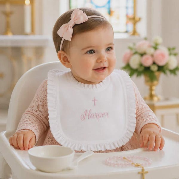 Baptism Bib, Religious gift for baby girl, personalized with name and a cross.