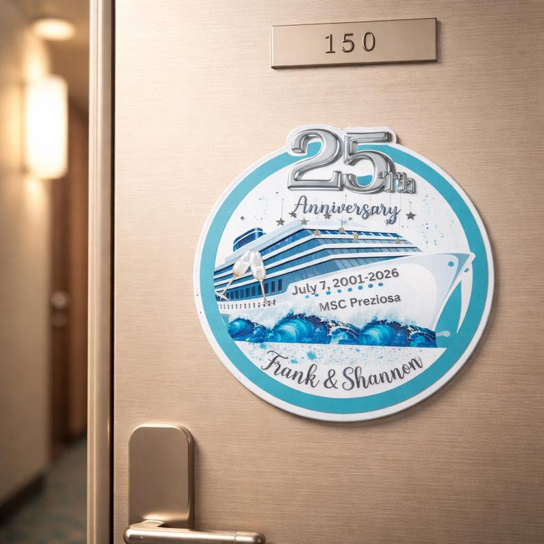 Imán personalizado para la puerta de tu crucero de aniversario: Decoración personalizada para tu camarote, cualquier año. Círculo de aproximadamente 20 cm (8 pulgadas). Incluye imanes a juego de regalo. imagen 4