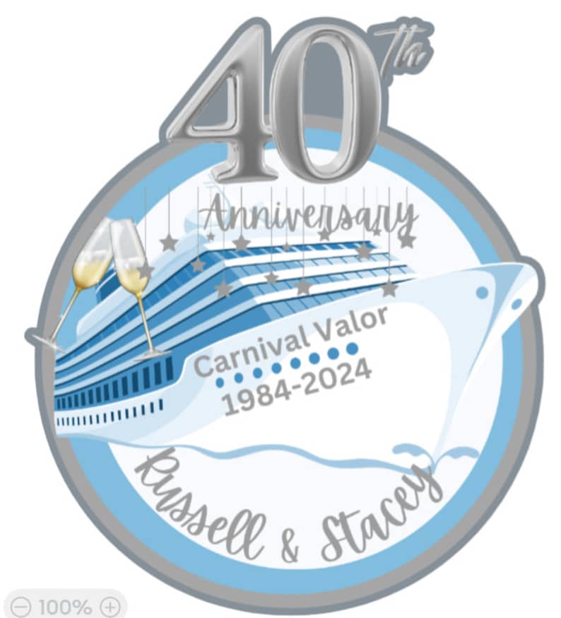 Puede incluir: Gr&aacute;fico circular que celebra un 40 aniversario. Presenta un crucero, copas de champ&aacute;n y el texto "Carnival Valor 1984-2024" y "Russell & Stacey". El dise&ntilde;o utiliza tonos azules, blancos y plateados.
