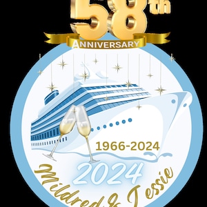 Puede incluir: Gr&aacute;fico dorado del "58 aniversario" con una ilustraci&oacute;n de un crucero. El dise&ntilde;o incluye una pancarta con la palabra "Aniversario", estrellas, copas de champ&aacute;n y los nombres "Mildred & Jessie" con los a&ntilde;os 1966-2024.