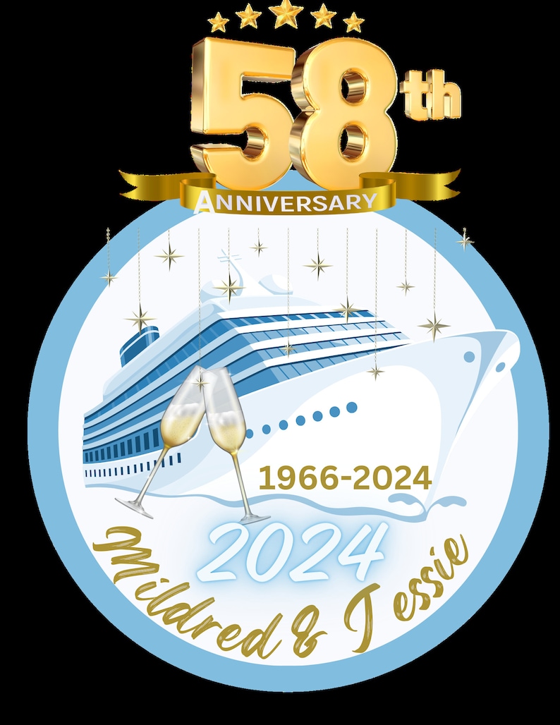 Puede incluir: Gr&aacute;fico dorado del "58 aniversario" con una ilustraci&oacute;n de un crucero. El dise&ntilde;o incluye una pancarta con la palabra "Aniversario", estrellas, copas de champ&aacute;n y los nombres "Mildred & Jessie" con los a&ntilde;os 1966-2024.