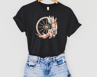 Womans Boho Western Tee Shirt.  Boho Floral T-shirt, Triblend Tee in black or white, and sizes from xs to 2 xl.