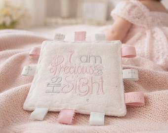 Personalized Baby Baptism Crinkle Teething Toy, Embroidered Keepsake Gift. I am precious in his sight.