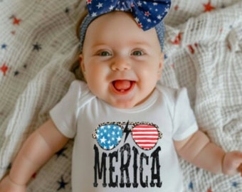 Retro July 4th baby bodysuit, size 18 months bodysuit for 4th of July, Bodysuits for baby girls for 4th of July.