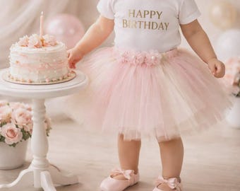 Pink & Gold First Birthday Tutu, Tulle Baby Cake Smash tutu.