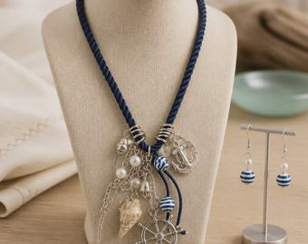 Cruise Ready Nautical Necklace & Earring Set | Caribbean Vacation Jewelry | Anchor Shell and Ship Wheel Charm Necklace | Beach Lover Gift