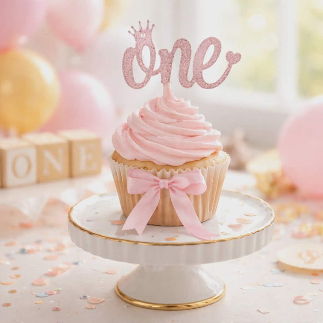 Glitter Pink First Birthday Cupcake Toppers - Set of 6 - Etsy