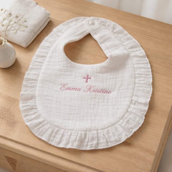 Personalized Baptism Bib, Embroidered Cross Name, Gauze Fabric, Religious Baby Gift