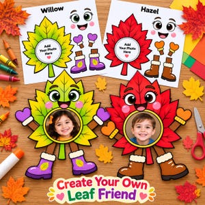 Op de afbeelding: Een knutselset met twee printbare vellen genaamd Willow en Hazel, met cartoon-bladfiguren met ruimtes om foto's toe te voegen. Twee geassembleerde bladfiguren met kinderfoto's zijn inbegrepen, samen met kleurpotloden, lijm en een schaar.