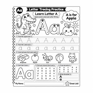 May include: A black and white letter tracing practice worksheet for the letter A. It features a cartoon alligator, an apple, and various exercises including tracing uppercase and lowercase letters, colouring pictures, and circling letters.