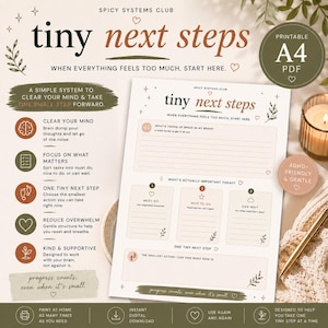 May include: A printable A4 PDF task planner titled Tiny Next Steps. The layout includes sections for brain dumping, prioritising tasks into must do, nice to do, and can wait categories, and a space for one tiny next step. Features earthy tones.