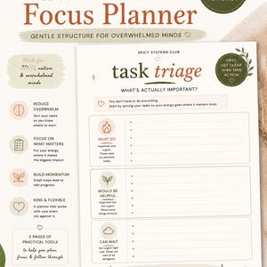 May include: A task triage planner page titled ADHD Focus Planner with sections for Must Do, Would Be Helpful, and Can Wait tasks. The document features green and brown text, heart icons, and botanical illustrations on a white background.