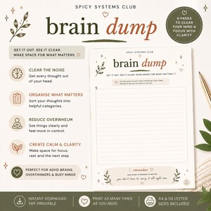Puede incluir: Una página de planificador "brain dump" imprimible con el título "brain dump" y el texto "GET IT OUT. SEE IT CLEAR. MAKE SPACE FOR WHAT MATTERS." La página incluye secciones con líneas para escribir, ilustraciones de hojas decorativas y el texto "remember your brain is allowed to be full. you don't have to carry it all right now."
