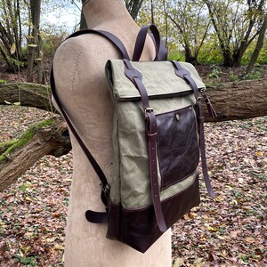 Waterproof canvas and leather rucksack, veg tan leather, travel backpack, lightweight, laptop case, day bag, modern design image 4