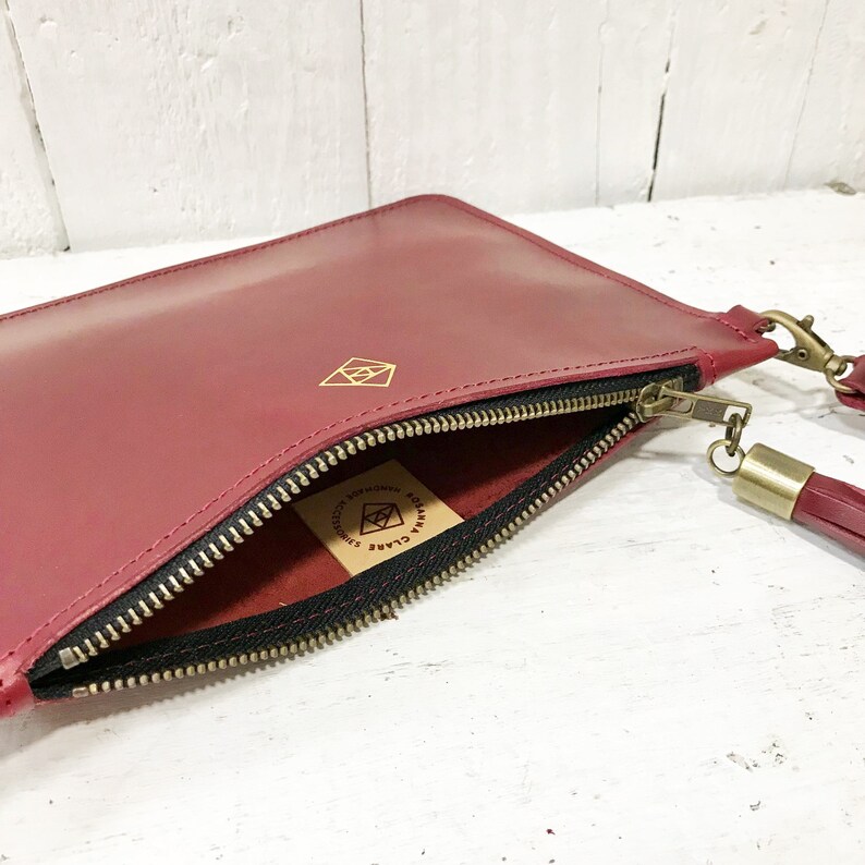 Cartera de mano de piel con detalle de borla de lujo y correa de muñeca extraíble, piel curtida vegetal, regalo para ella, cartera de noche, ocasión especial imagen 3