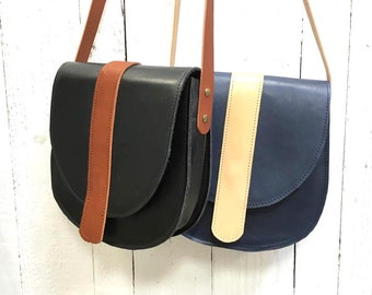 Contemporary Leather saddle bag with felt lining, modern saddle bag, contrast colours, gift for her, hidden clasp, choice of fastenings