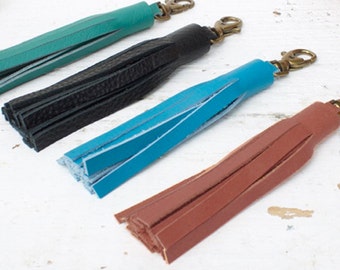 Leather tassel key ring with brass metal clasp, great bag accessory, key holder, gift for mum or sister