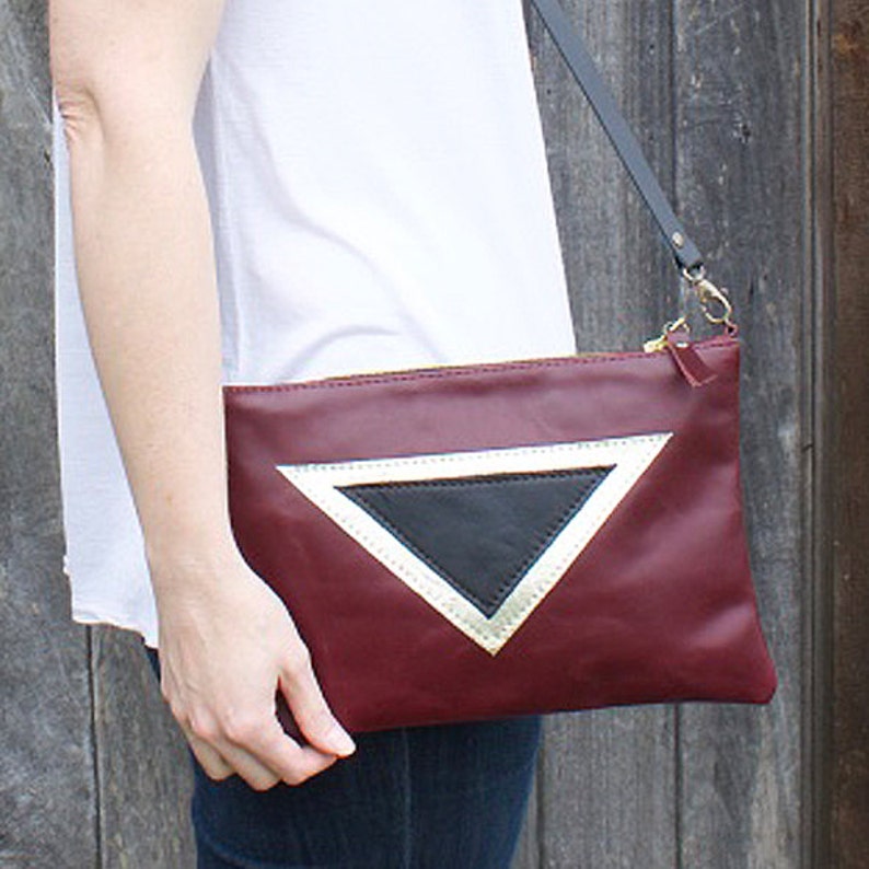 Leather clutch bag with double triangle detail, detachable strap, modern design, day or occasion bag, soft leather, geometric, gift for her image 5