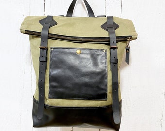 Waterproof canvas and leather rucksack, veg tan leather, travel backpack, lightweight, laptop case, day bag, modern design