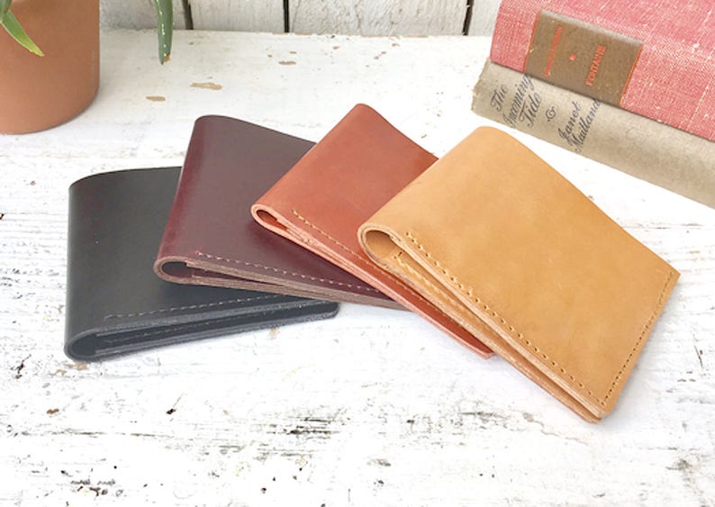 Leather folded wallet with 4 card pockets, minimalist, anniversary gift, credit card slots, gift for him, logo or initials added image 2