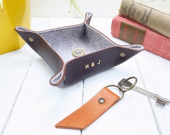 Leather and felt trinket tray, perfect for keys, change, jewellery, birthday, wedding or anniversary gift