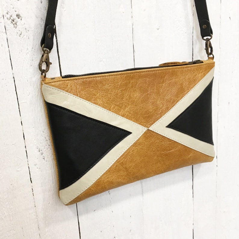 Leather clutch bag with double triangle detail, detachable strap, modern design, day or occasion bag, soft leather, geometric, gift for her image 2