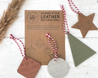 Scandi Style Laser Engraved Eco Leather Bauble Decorations, geometric & modern designs in pastel shades