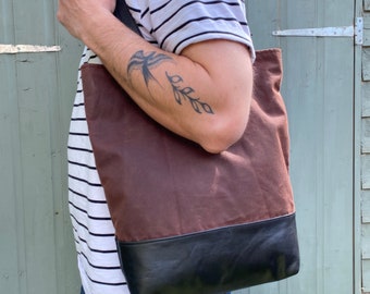 Bolso de mano unisex de algodón encerado y cuero, bolso de tela hule, bolso de compras, bolso para computadora portátil, bolsillo interior para objetos de valor, bolso de uso diario