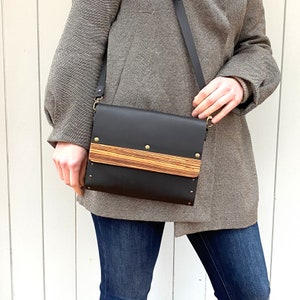 Leather & Wood Messenger Bag, detachable strap, modern design, magnetic clasp, every day or evening bag, gift for her image 4