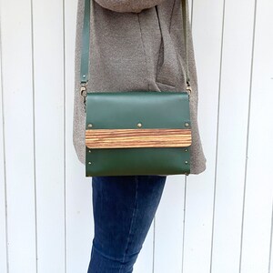 Leather & Wood Messenger Bag, detachable strap, modern design, magnetic clasp, every day or evening bag, gift for her image 5