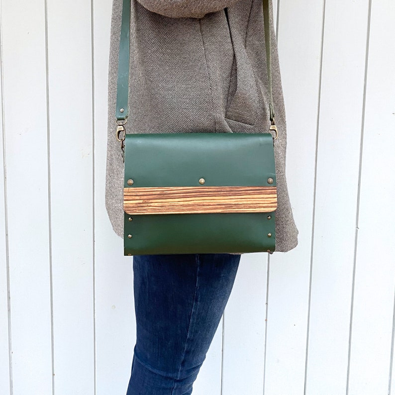 Leather & Wood Messenger Bag, detachable strap, modern design, magnetic clasp, every day or evening bag, gift for her image 5