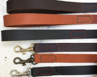 Leather Dog Leash, veg tan leather dog lead, colourful thread, great gift for dog owners, metal clasp fastening, choice of colours