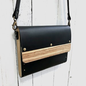 Leather & Wood Messenger Bag, detachable strap, modern design, magnetic clasp, every day or evening bag, gift for her image 1